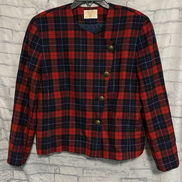 Vintage Pendleton Blazer Women Size 12 Blue Red Plaid Virgin Wool Blazer Cropped - Picture 1 of 14